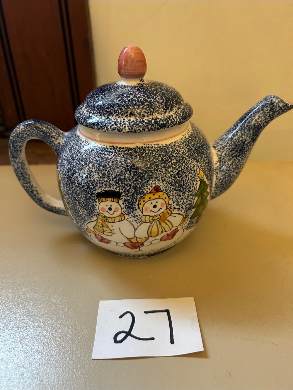 Blue Speckled Snowman Ceramic  mini Teapot with Holiday Motif